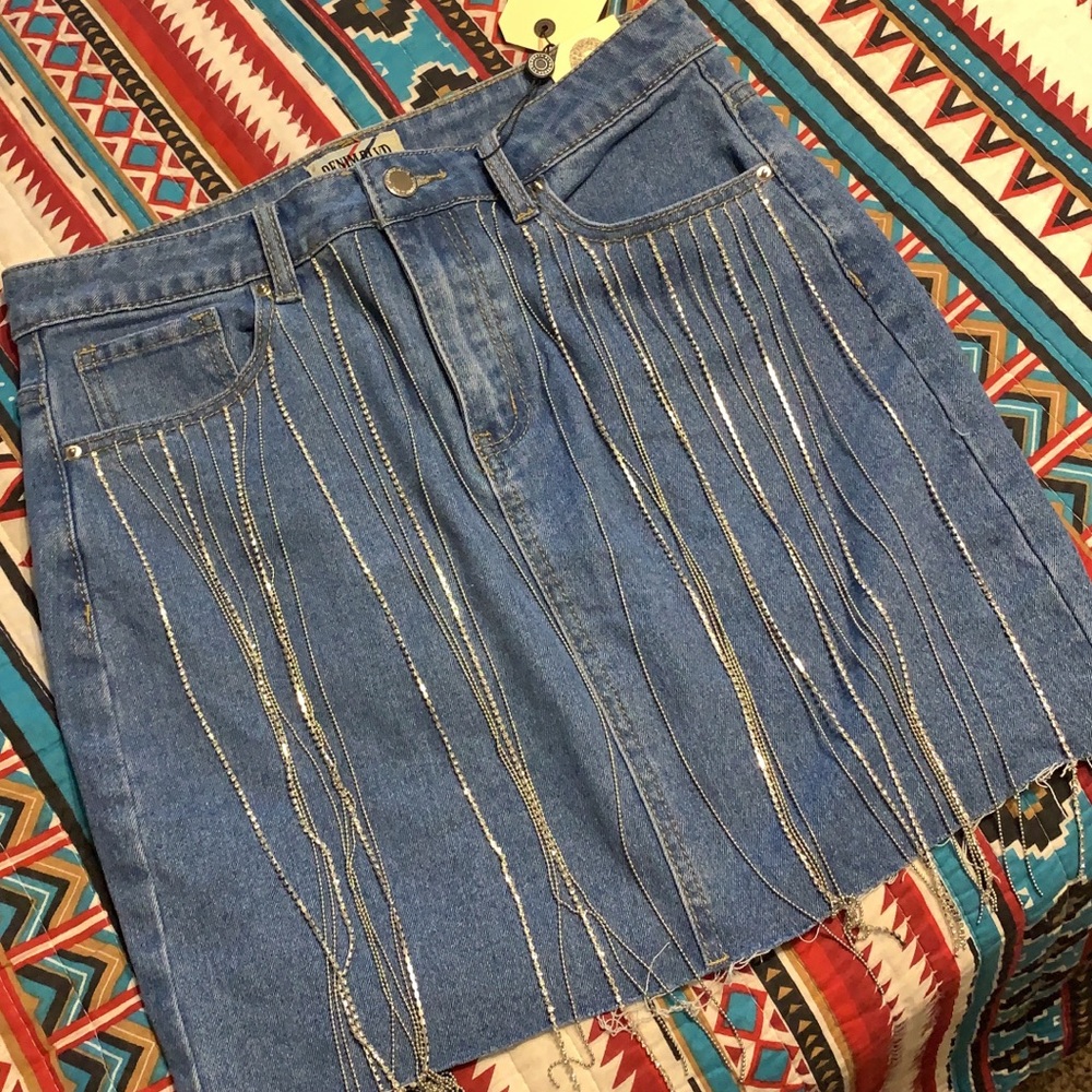 Rhinestone fringe denim skirt size Medium NWT